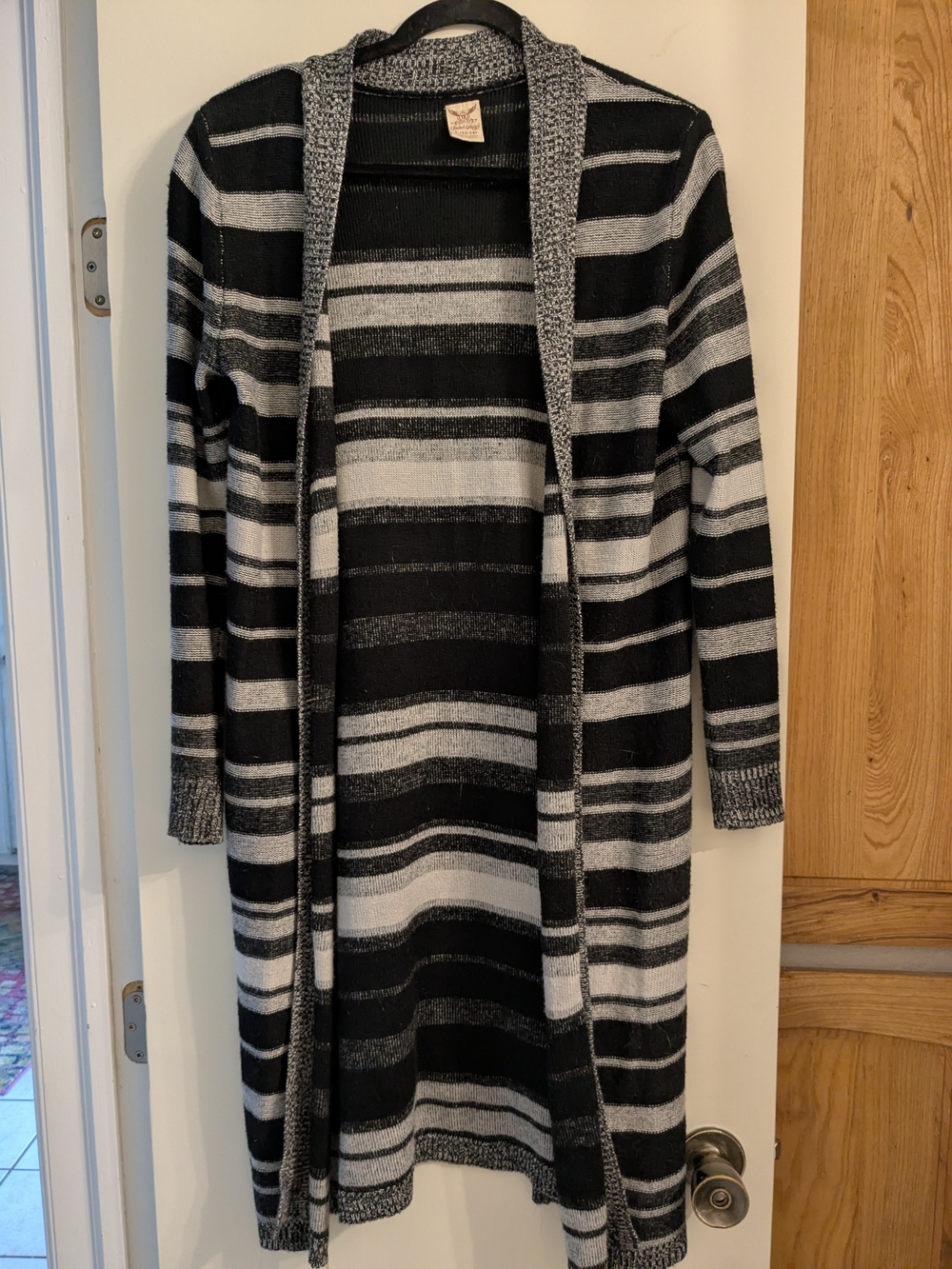 Faded Glory Black & Gray Striped Open-Front Long Cardigan